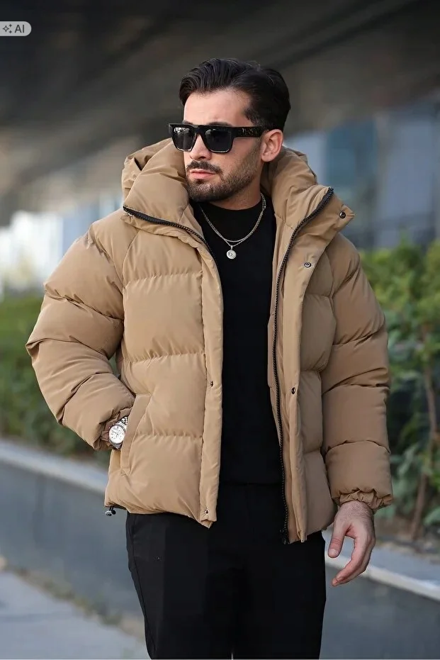 CIEPŁA PIKOWANA KURTKA MĘSKA BEŻOWA W STYLU OVERSIZE S 5IA