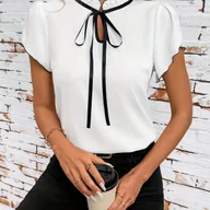 Koszule damskie - TEMU Elegancka bluzka damska z dekoltem w serek i wiązaniem z przodu - krótki rękaw, zapinana na guziki koszula w kolorze białym, idealna na - miniaturka - grafika 1