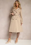 Płaszcze damskie - Beżowy Płaszcz Trencz Dwurzędowy Taliowany Paskiem z Patkami na Rękawach Diore - miniaturka - grafika 1