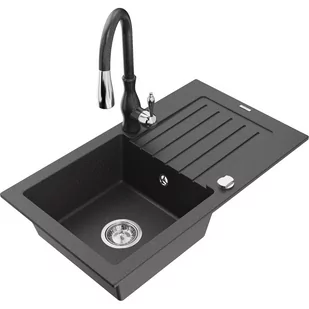 Mexen Pablo zlewozmywak granitowy 1-komorowy z ociekaczem i baterią kuchenną Savita, czarny nakrapiany - Zlewozmywaki z baterią - miniaturka - grafika 1