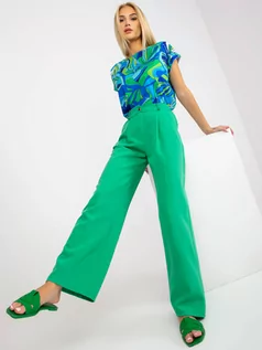 Spodnie damskie - Spodnie z materiału zielony elegancki szwedy nogawka szeroka suwak guziki - grafika 1