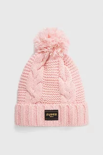 Czapki damskie - Superdry czapka z domieszką wełny kolor różowy z grubej dzianiny - grafika 1