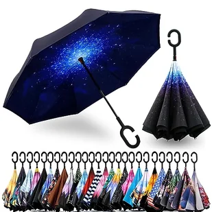 Spar. Saa dwuwarstwowy odwrócony parasol z uchwytem w kształcie litery C, odporny na promieniowanie UV wodoodporny wiatroszczelny prosty parasol do samochodu na deszcz na zewnątrz - Parasole - miniaturka - grafika 1