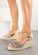 Sandały damskie - Złote Sandały na Koturnie w Stylu Boho z Plecionką Pasirna - miniaturka - grafika 1
