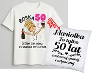 Gadżety dla niej i dla niego - Personalizowany zestaw prezentowy na 50 urodziny dla kobiety - KOSZULKA ORAZ poduszka z imieniem na 50 urodziny dla BLONDYNKI - miniaturka - grafika 1