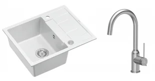 Quadron Unique Zlewozmywak granitowy jednokomorowy 62*50*22 cm z ociekaczem MORGAN 116 SNOW WHITE z syfonem Push-2-Open w kolorze stalowym z baterią INGRID Q LINE kolor stal szczotkowana - Zlewozmywaki z baterią - miniaturka - grafika 1