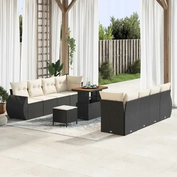 Zestaw Sofa Ogrodowa dla 4 Osób, Polirattan, Czarny, Kremowe Poduszki