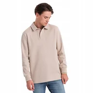 Bluzy męskie - Bluza męska z kołnierzykiem polo z dzianiny beżowa V2 OM-SSNZ-0149 L - miniaturka - grafika 1