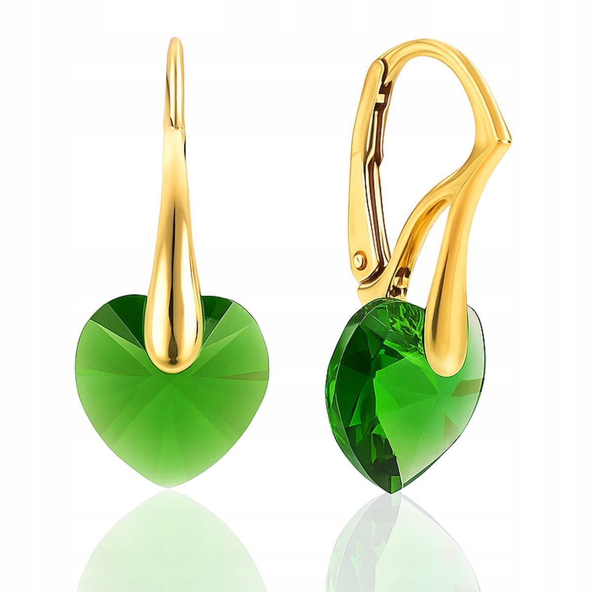 KOLCZYKI SWAROVSKI ZŁOTE SERCA WISZĄCE ZIELONE, SREBRO PRÓBA 925 POZŁACANE