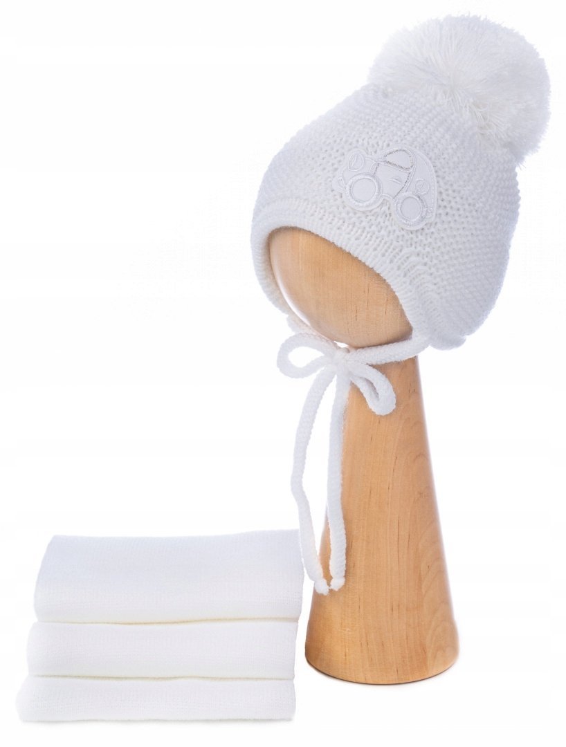 Komplet zimowy BIAŁY cieplutki czapka+szalik NOWORODEK 36-38 wyprawka 0+