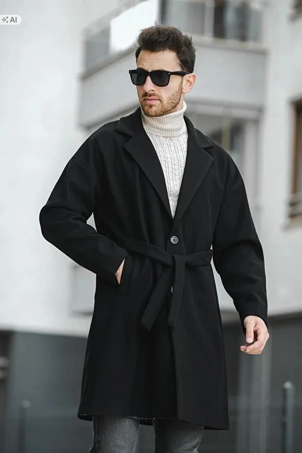 CZARNY PŁASZCZ MĘSKI Z PASKIEM ELEGANCKI I GŁADKI M 5IA