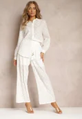 Komplety damskie - Biały 2-częściowy Komplet z Haftowej Tkaniny z Koszulą i Spodniami Aleiga - miniaturka - grafika 1