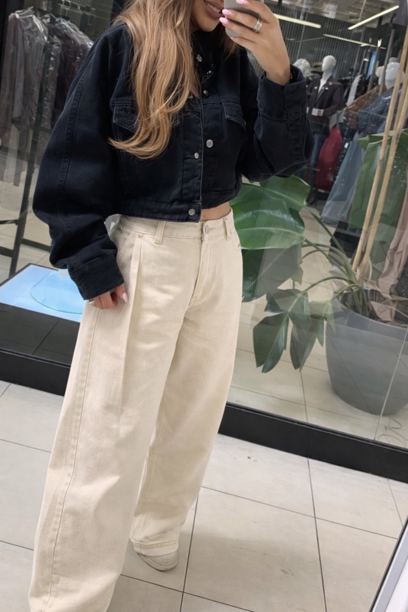 Modne oversize jeansy EMO damskie wide leg z zakładką wysoki stan beżowe 38