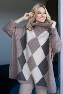 Swetry damskie - Kolorowy sweter jak ponczo z golfem wzór w romby brązowy - PeeKaBoo - miniaturka - grafika 1