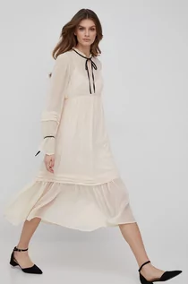 Sukienki - Sisley sukienka kolor beżowy midi rozkloszowana - grafika 1