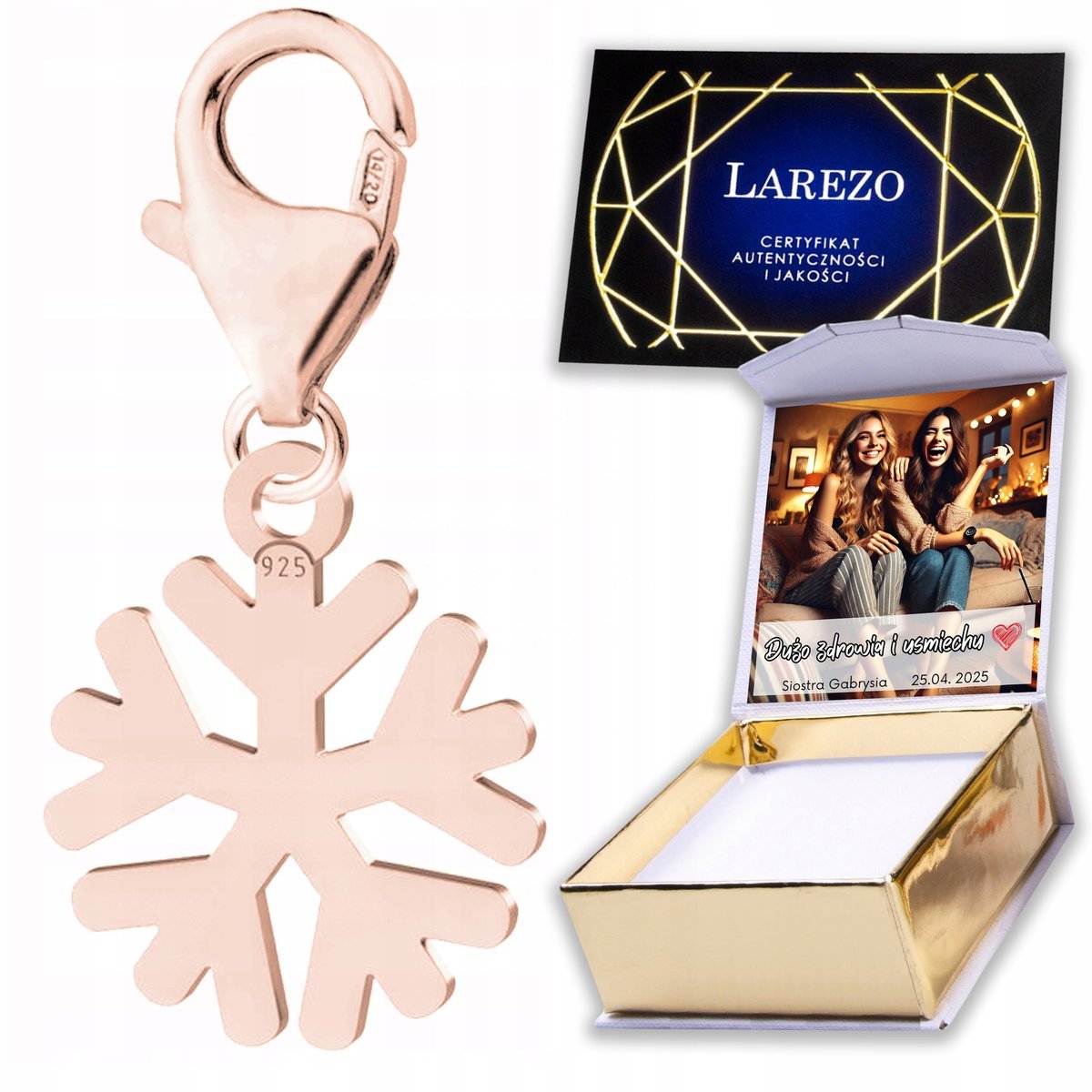 Zawieszka Pozłacana 925 z Śnieżynką Zima Płatkiem Śniegu Śnieg NADRUK