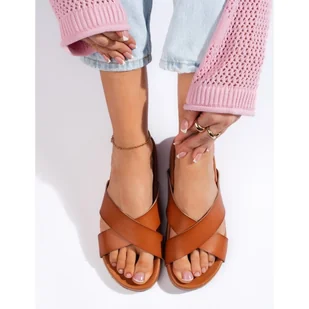 Klapki damskie camelowe z szerokimi paskami Sergio Leone brązowe - Klapki i japonki damskie - miniaturka - grafika 1