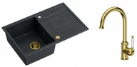 Zlewozmywaki z baterią - Quadron Zlewozmywak granitowy jednokomorowy 78*50*22 cm z ociekaczem MORGAN 111 BLACK DIAMOND ze złotym odpływem z baterią RACHEL Q LINE kolor złoty - miniaturka - grafika 1