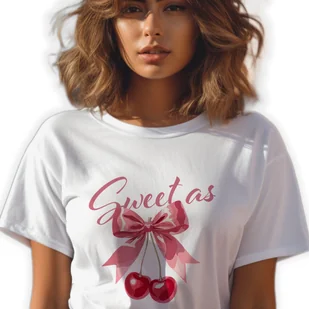 BIAŁA KOSZULKA DAMSKA Krótki Rękaw SWEET AS CHERRY Zabawne Wzory Rozmiar S - Zestawy upominkowe - miniaturka - grafika 1