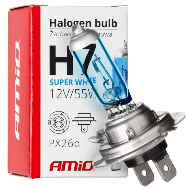 AMiO 01157 Żarówka halogenowa H7 12V 55W  filtr UV (E4) Super White AMI-01157