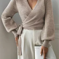 Bluzy damskie - TEMU Kardigan Damski z Dekoltem w Serek i Wiązaniem - Miękka, Elastyczna Bluza z Długim Rękawem na Jesień/Zimę, Jednokolorowy, Regularny Krój, Casual - miniaturka - grafika 1