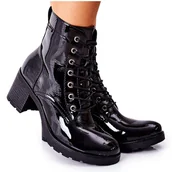 Botki damskie - Vinceza Botki Damskie Na Słupku Ocieplane Lakierowane Czarne Dunaff - miniaturka - grafika 1