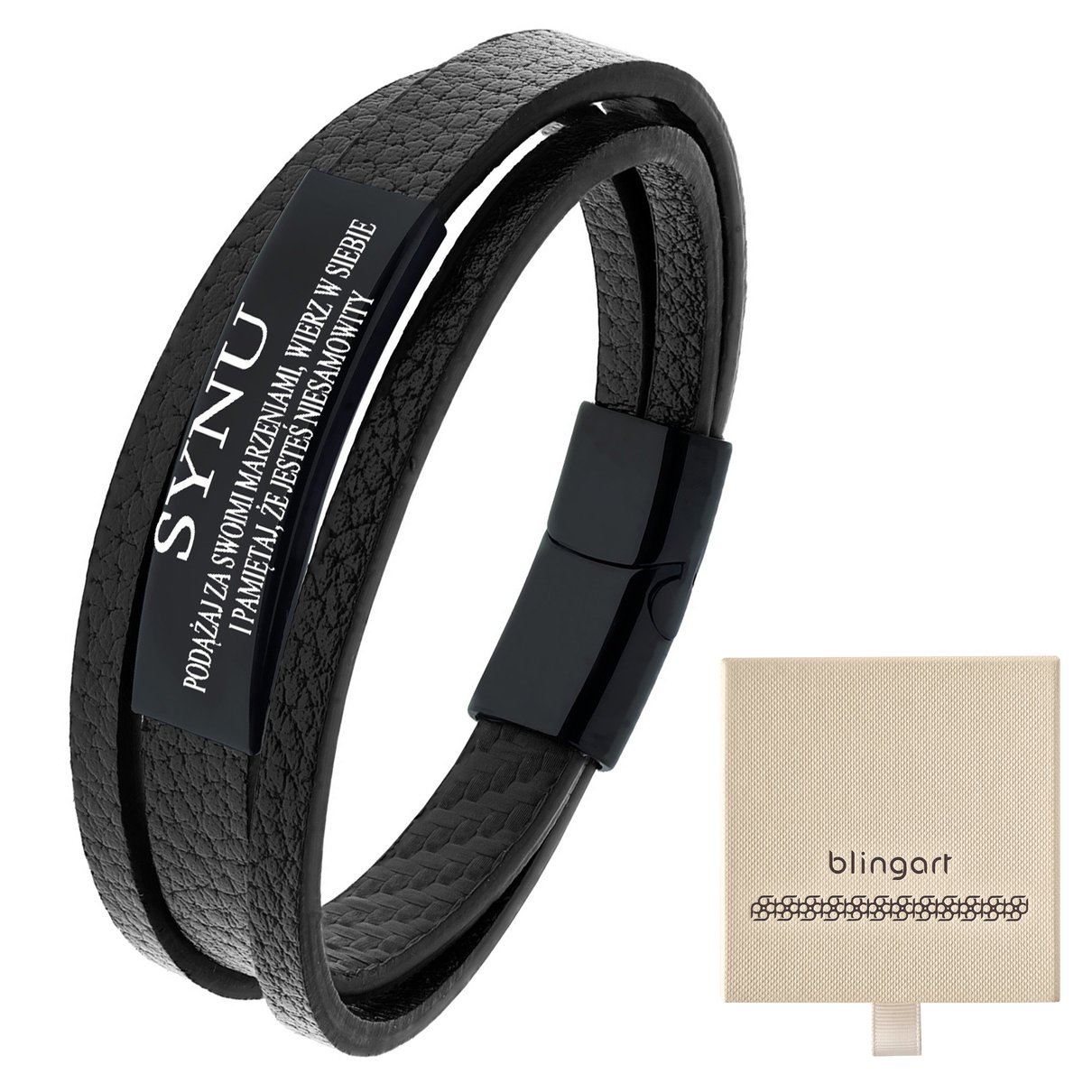 Bransoletka męska CZARNA skórzana z GRAWEREM blasz
