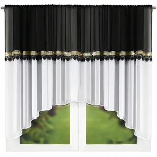 FIRANA GOTOWA Z CZARNĄ GIPIURĄ ZŁOTE CYRKONIE FIRANY WOAL ŁUK CZARNA BIAŁA - Firany - miniaturka - grafika 1