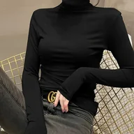 Bluzki damskie - TEMU Damski Zimowy Ciepły Wysokoelastyczny Moda Kołnierz Długi Rękaw T-Shirt - Jednokolorowa Dopasowana Bluzka do Warstwowania, Pranie w Praniu - miniaturka - grafika 1