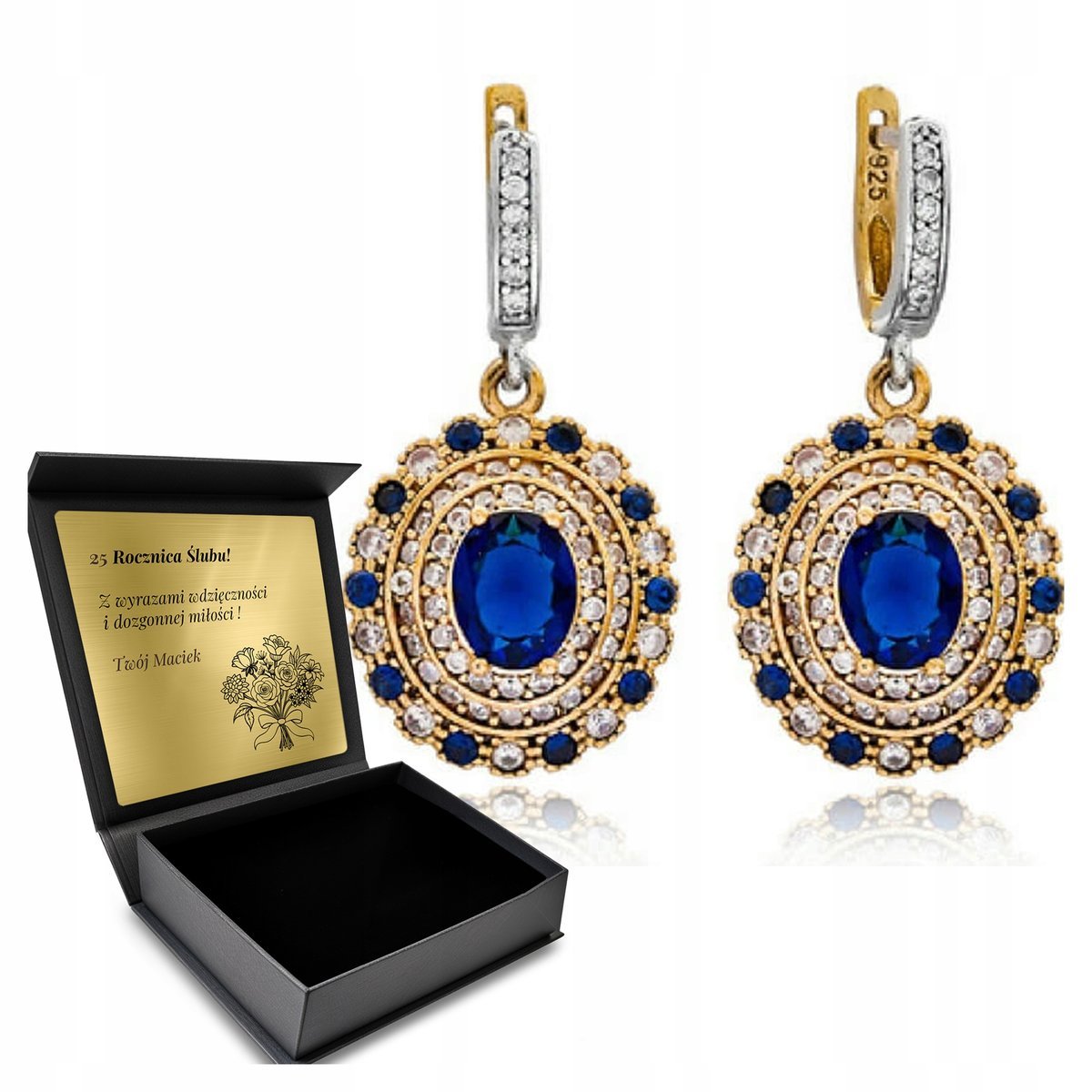 Kolczyki Srebrne 925 Cyrkonie Szafir Biżuteria Dla Kobiety + Grawer