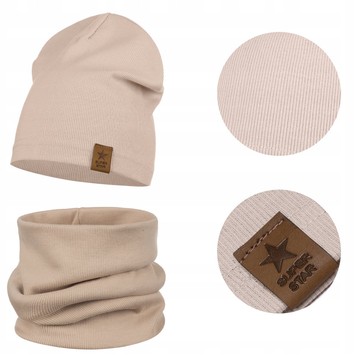 Czapka Komin Komplet Dwuwarstwowy Przejściowy Bawełna Prążek Beżowy 54-58