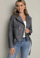 Kurtki damskie - Szara Kurtka Ramoneska z Kieszeniami i Paskiem z Klamrą Polvila - miniaturka - grafika 1