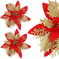 Ozdoby bożonarodzeniowe - Gwiazda betlejemska 2 szt. czerwono-złota z brokatem na klipsie poinsecja sztuczny kwiat - miniaturka - grafika 1