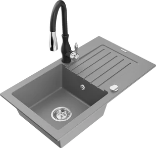 Mexen Pablo zlewozmywak granitowy 1-komorowy z ociekaczem i baterią kuchenną Savita, szary - 6510-71-672601-70 - Zlewozmywaki z baterią - miniaturka - grafika 1