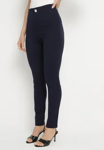 Granatowe Legginsy z Wiskozą z Wysokim Stanem Zdobione Guzikiem z Cyrkoniami Nalette - Legginsy - miniaturka - grafika 1