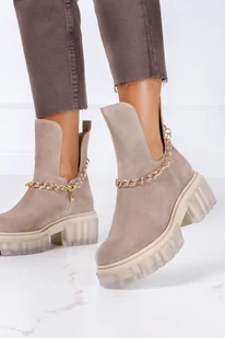 Beżowe botki na platformie z łańcuszkiem POLSKA SKÓRA Casu 30065 - Botki damskie - miniaturka - grafika 1