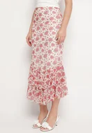 Spódnice - Biało-Czerwona Spódnica o Dopasowanym Kroju Zdobiona Falbanką Efririsse - miniaturka - grafika 1