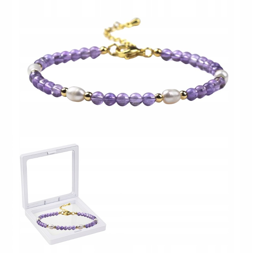Bransoletka z Efektownych Koralików Fioletowo-Perłowych 18+5 cm + Pudełko