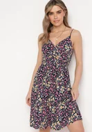 Sukienki - Granatowa Sukienka z Wiskozy w Drobne Kwiatki z Regulowanymi Ramiączkami i Gumką w Talii Wiadina - miniaturka - grafika 1