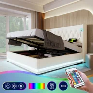 Łóżka - Łóżko tapicerowane Flieks 140x200cm z USB i Type-C, podwójne łóżko młodzieżowe z LED, hydrauliczne łóżko sprężynowe z listwową ramą, imitacja skóry, białe - miniaturka - grafika 1