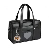 Torebki damskie - Chillpaper Duża japońska torba na ramię, torba na ramię ze sztucznej skóry Kawaii z różowym pomponem w panterkę (A3 duży rozmiar, czarne okno w kształcie serca), czarna, A3 duży rozmiar, Czarny, L, - miniaturka - grafika 1