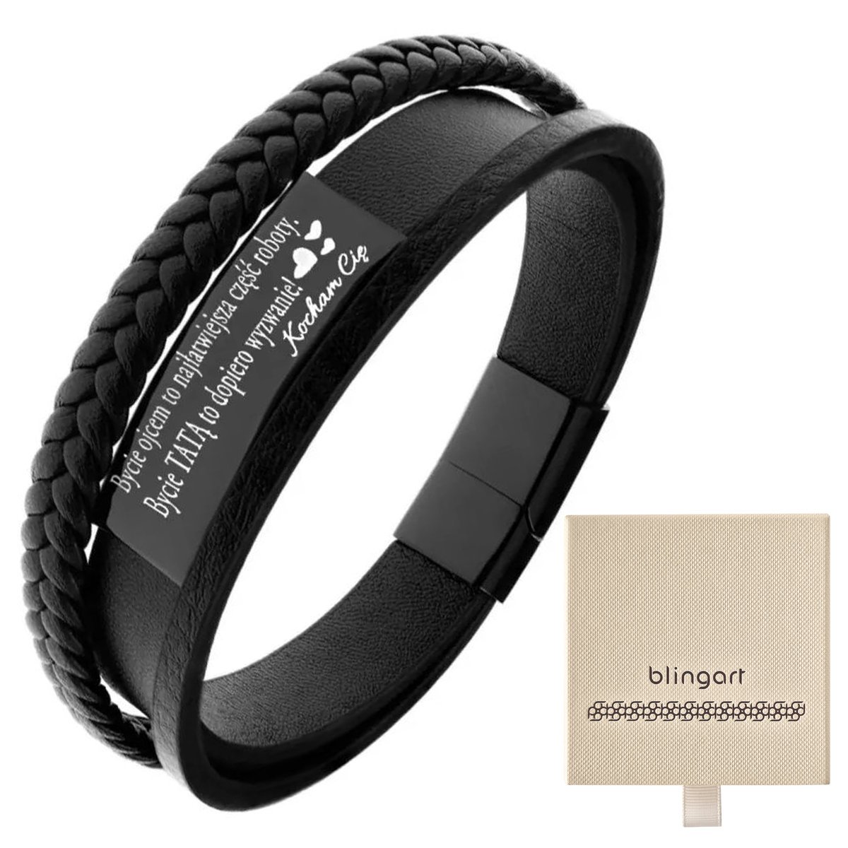 Bransoletka z GRAWEREM męska skórzana CZARNA stal