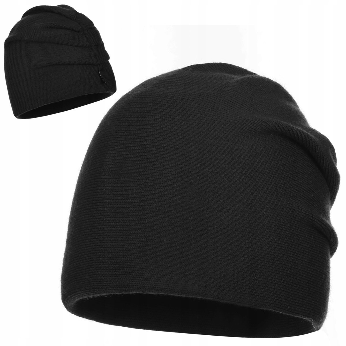 Czapka Damska 10% Wełny Ciepła Beanie Bez Wzoru Zimowa Jesienna Czarna
