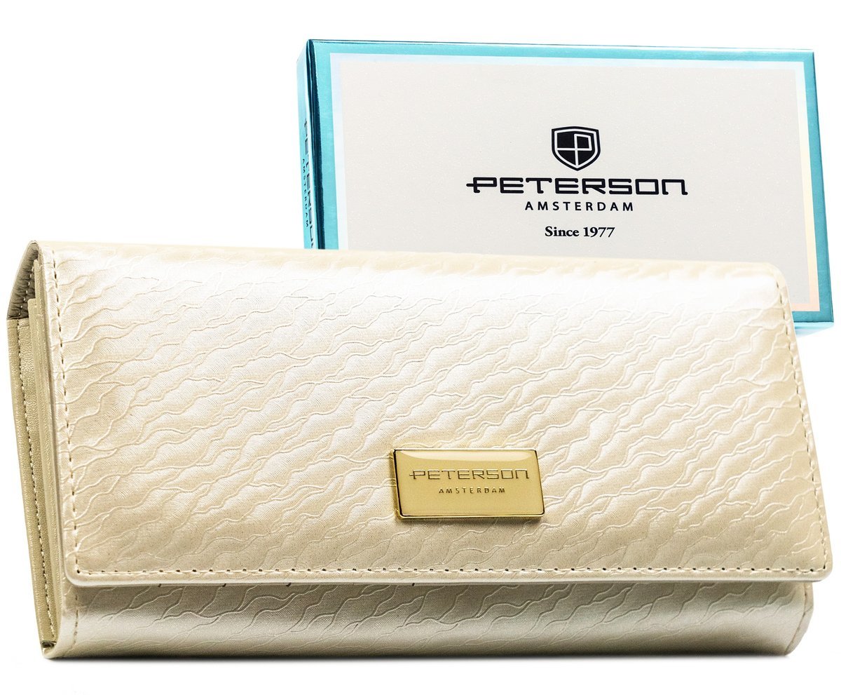 Klasyczny portfel damski duży skórzany beżowy PETERSON elegancki karty gotówka poziomy na zatrzask rfid