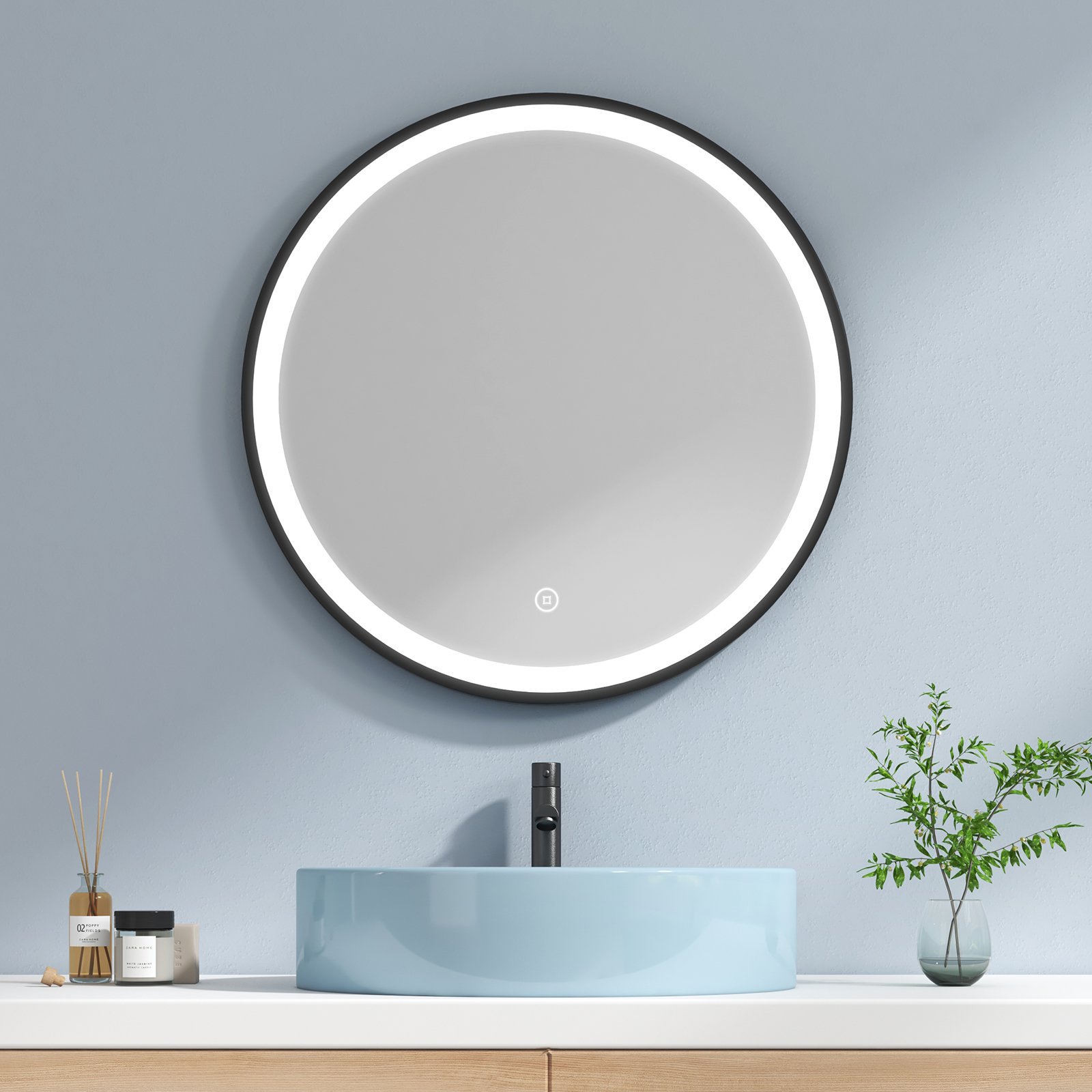 Okrągłe lustro łazienkowe LED EMKE 70 cm z regulacją jasności, funkcją pamięci i 3-godzinnym automatycznym wyłączaniem, lustro łazienkowe Smart Touch z czarnym skórzanym paskiem