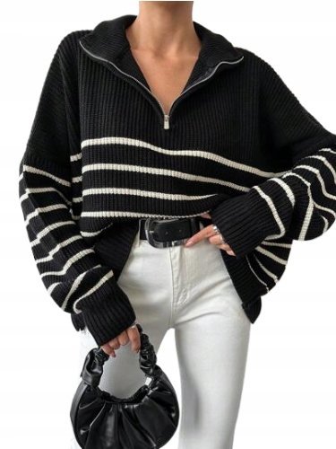 SHEIN SWETER OVERSIZE CZARNY W PASKI DAMSKI ŁLF