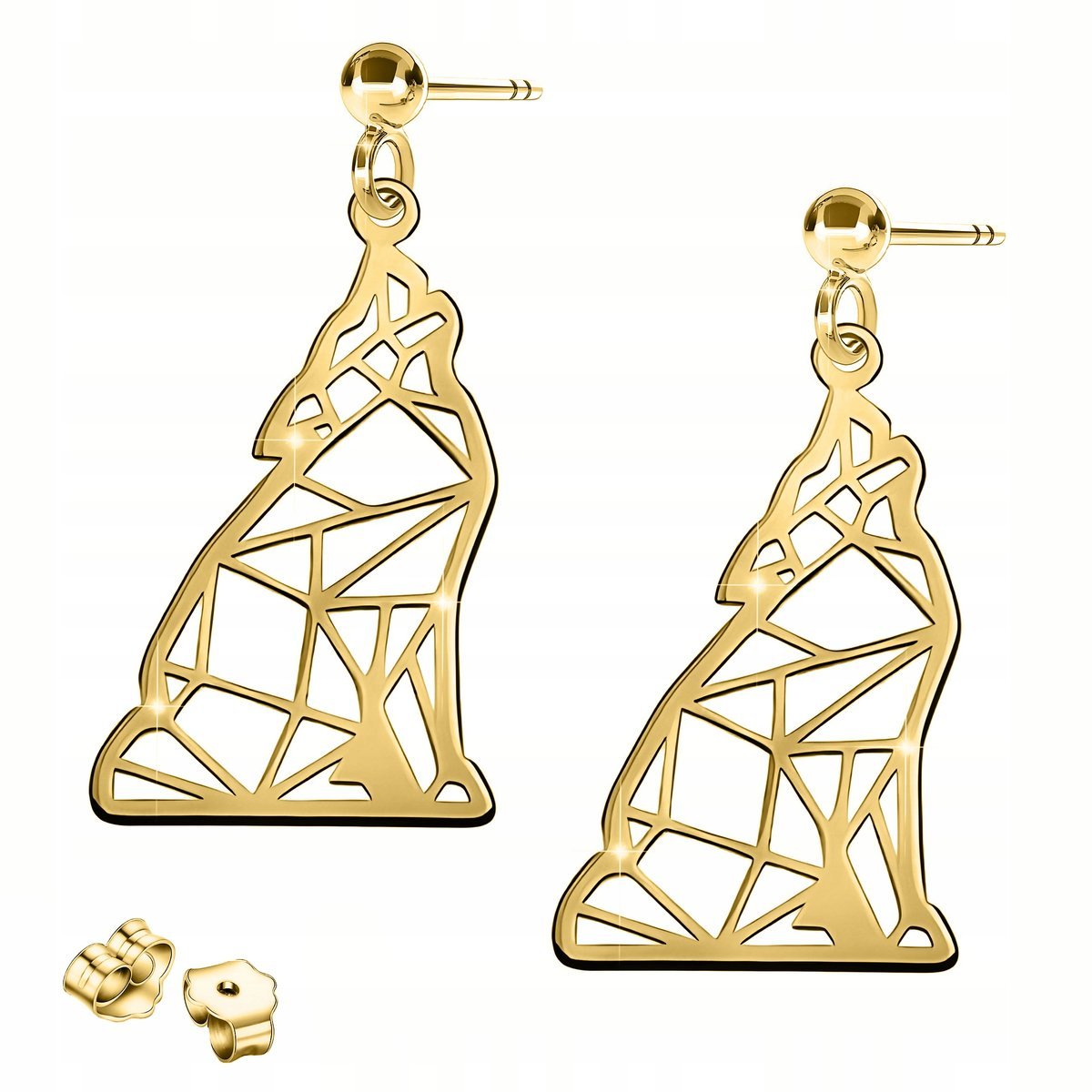 Złote Kolczyki z Wilkiem Blaszka Origami Pies Wilk Zwierzę SREBRO 925