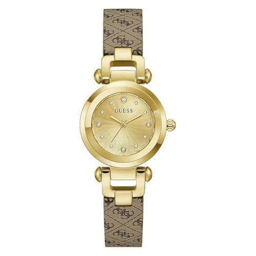 Guess Damski zegarek na rękę GW1021L2, 30 mm stal nierdzewna złoty, złoty cyferblat z wysadzanym kamieniami, kwarc, szkło mineralne hartowane, 3 ATM, skórzany pasek brązowy
