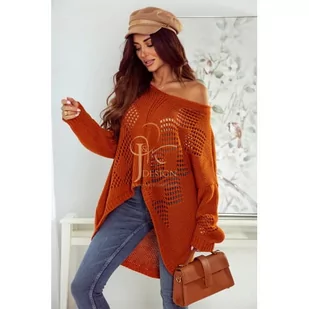 SWETER ASYMETRYCZNY AŻUROWY DAISY OVERSIZE POLSKI PRODUCENT J&K PREMIUM - RUDY POMARAŃCZ - Swetry damskie - miniaturka - grafika 1