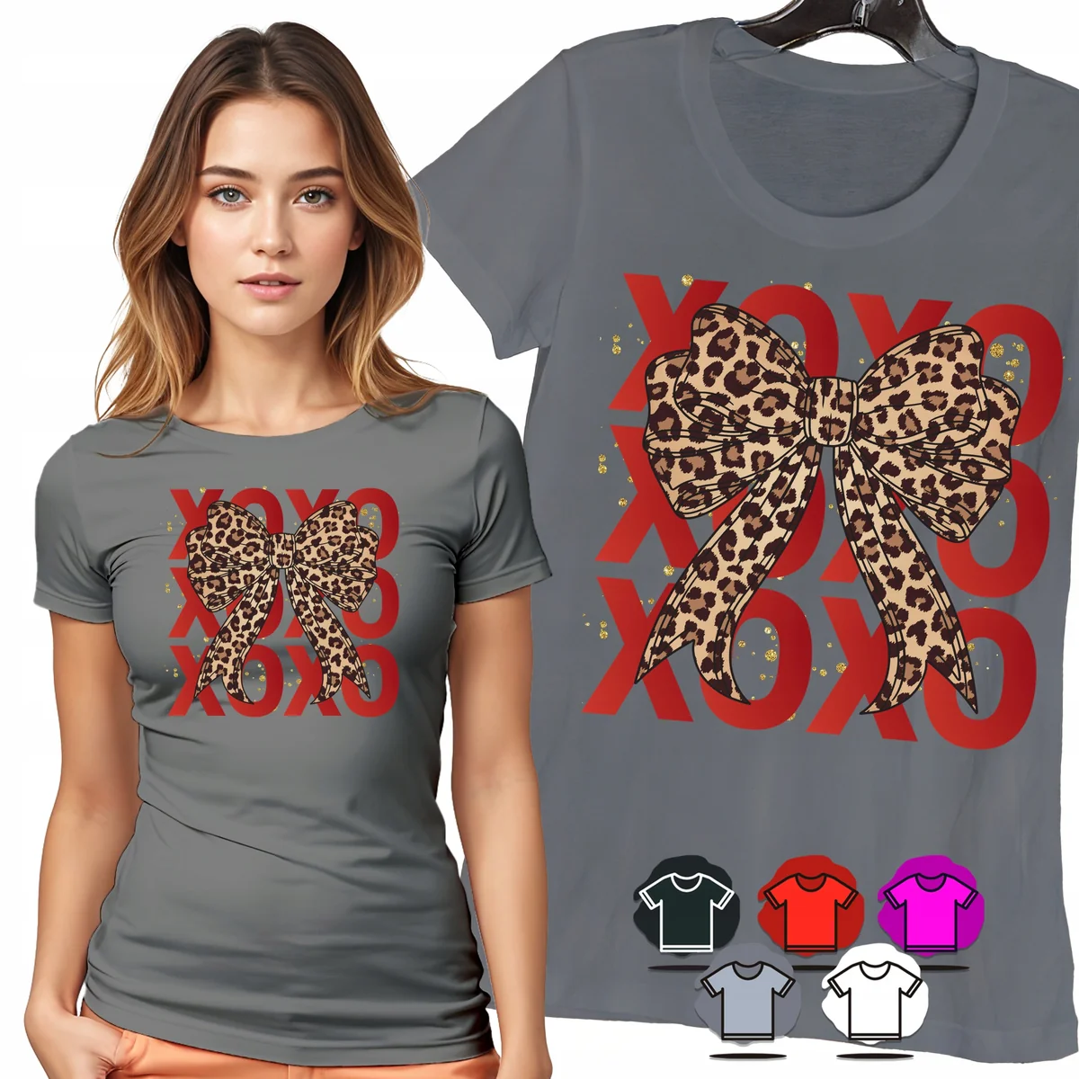 KOSZULKA DAMSKA T-SHIRT - KOKARDKA PANTERKA XOXO SERCE MODNY STYL WZÓR - XL